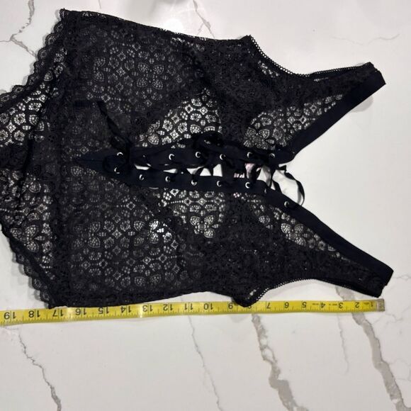 Victorias Secret | Dream Angels Sheer Black Lace Up Thong Teddy Bodysuit Medium - Picture 14 of 16